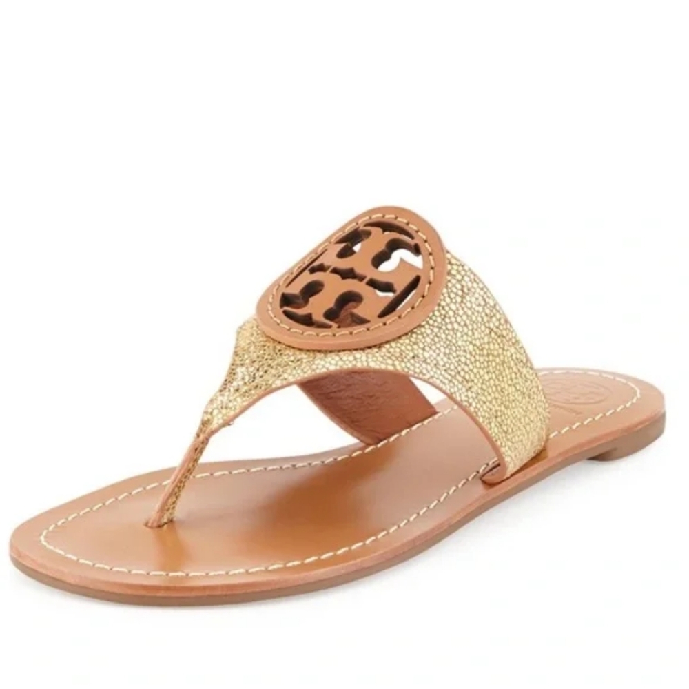 Tory Burch Louisa Grained Gold Brown Metallic Thong Sandal Size 8